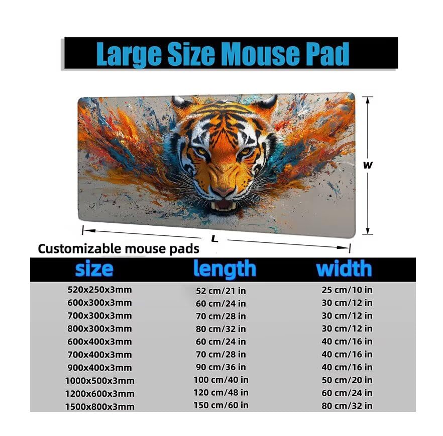Schreibtischunterlage Retro Mauspad XXL 100x50cm Mousepad Tiger Gaming Mauspad mit Nicht rutschender Unterlage, Vernähte Kanten WassXerdicht Anti-Rutsch Maus Pad für Laptop, Office Geschenke F0-974 Bild 6