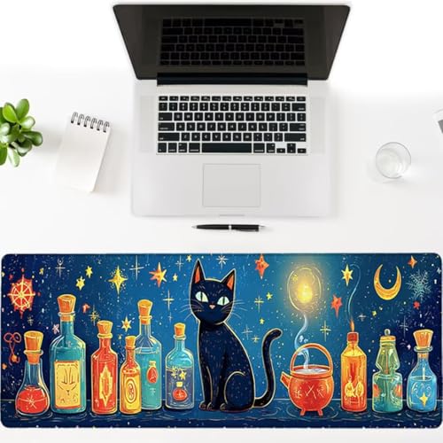 Gaming Mauspad XXL 1400x600x3mm, Katze Anti -Rutsch Mousepad XXL, Blau groß Schreibtischunterlage, Waschbares, Rutschfeste Gummibasis, Mauspad mit Nähten an Den Kanten für PC, Maus und Tastatur -36870 Bild 3