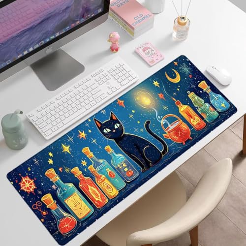 Gaming Mauspad XXL 1400x600x3mm, Katze Anti -Rutsch Mousepad XXL, Blau groß Schreibtischunterlage, Waschbares, Rutschfeste Gummibasis, Mauspad mit Nähten an Den Kanten für PC, Maus und Tastatur -36870 Bild 7