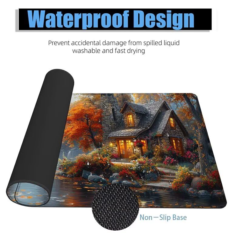 Schreibtischunterlage Halloween Mauspad XXL 100x50cm Mousepad Häuser Gaming Mauspad mit Nicht rutschender Unterlage, Vernähte Kanten WassXerdicht Anti-Rutsch Maus Pad für PC, MacBook, Laptop F0-1019 Bild 4
