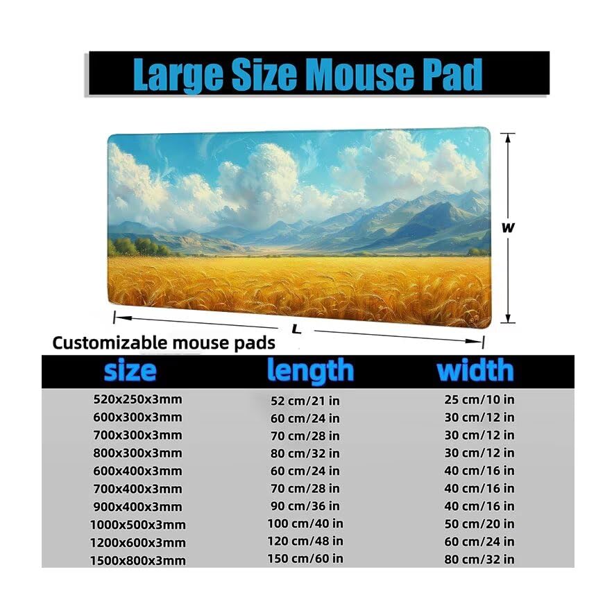 Schreibtischunterlage Landschaft Mauspad XXL 120x60cm Mousepad Weizenfeld Gaming Mauspad mit Nicht rutschender Unterlage, Vernähte Kanten WassXerdicht Anti-Rutsch Maus Pad für MacBook, Office F0-1001 Bild 6