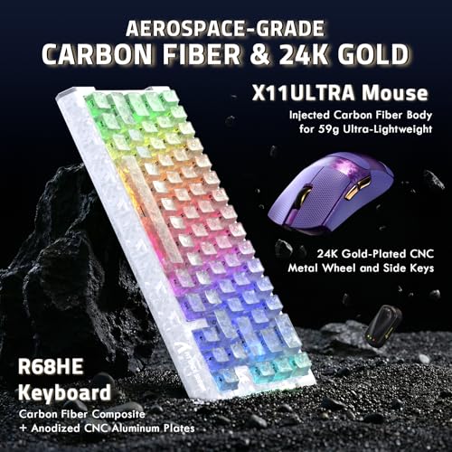 ATTACK SHARK Carbon Fiber Gaming R68 HE Tastatur & X11 Ultra Maus Set, 63g Nordic54L15 Wireless Superlight Maus, 8KHz, PAW3950MAX 42K DPI, 0.005mm RT Rapid Trigger Magnetische Tastatur - Ice/Purple Bild 2