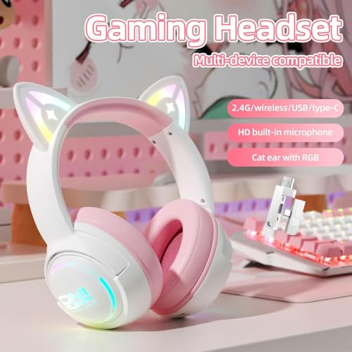 Bluetooth Katzenohr Kabellos Kopfhörer, Cat Ear Gaming Headset mit Mikrofon Headset mit RGB LED Licht 2.4GHz Wireless + USB Wired Kopfhörer mit Katzenohren für PC TV Tablet (Rosa) Bild 2
