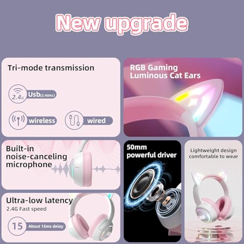 Bluetooth Katzenohr Kabellos Kopfhörer, Cat Ear Gaming Headset mit Mikrofon Headset mit RGB LED Licht 2.4GHz Wireless + USB Wired Kopfhörer mit Katzenohren für PC TV Tablet (Rosa) Bild 4