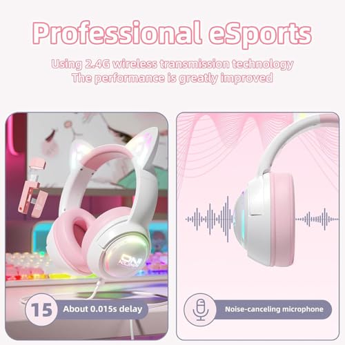 Bluetooth Katzenohr Kabellos Kopfhörer, Cat Ear Gaming Headset mit Mikrofon Headset mit RGB LED Licht 2.4GHz Wireless + USB Wired Kopfhörer mit Katzenohren für PC TV Tablet (Rosa) Bild 5