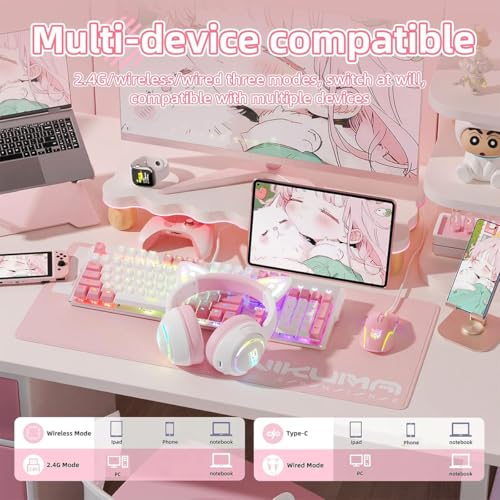 Bluetooth Katzenohr Kabellos Kopfhörer, Cat Ear Gaming Headset mit Mikrofon Headset mit RGB LED Licht 2.4GHz Wireless + USB Wired Kopfhörer mit Katzenohren für PC TV Tablet (Rosa) Bild 6