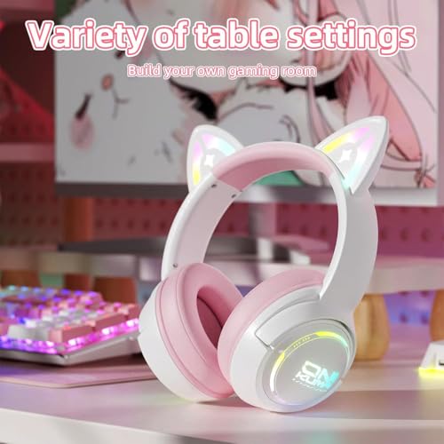 Bluetooth Katzenohr Kabellos Kopfhörer, Cat Ear Gaming Headset mit Mikrofon Headset mit RGB LED Licht 2.4GHz Wireless + USB Wired Kopfhörer mit Katzenohren für PC TV Tablet (Rosa) Bild 7