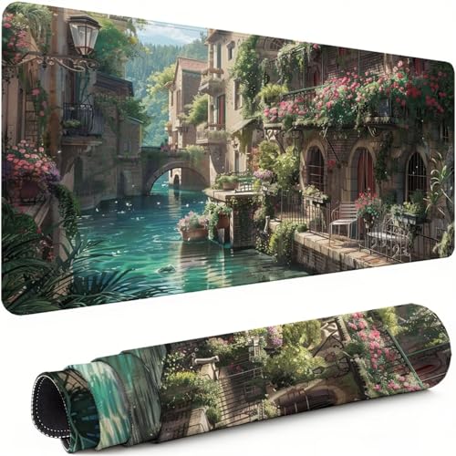 Gaming Mauspad XXL 600x300x3mm Kleinstadt Mousepad, Große Speed rutschfeste Schreibtischunterlage Kleiner Fluss Verbessert Präzision und Geschwindigkeit mit Stoßdämpfung für Tastatur und Maus xg-926 Bild 1