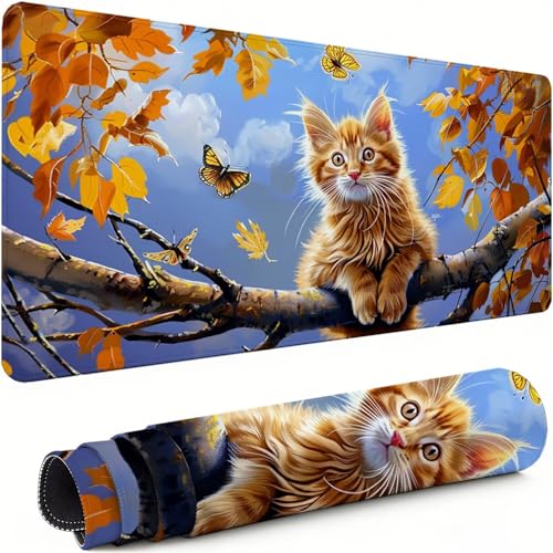 Gaming Mauspad XXL 1600x800x3mm Katze Mousepad, Große Speed rutschfeste Schreibtischunterlage Blätter Verbessert Präzision und Geschwindigkeit mit Stoßdämpfung für Tastatur und Maus Homeoffice xg-905 Bild 1