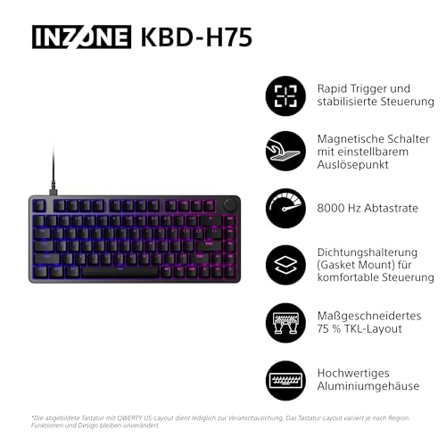 Sony INZONE KBD-H75 Gaming-Tastatur – schnelle Auslösung, Magnetschalter, einstellbare Betätigung, 75% TKL, 8000 Hz Abtastrate, RGB, Gasket Mount, Aluminiumgehäuse, PC FPS, QWERTZ DE-Layout – Schwarz Bild 2
