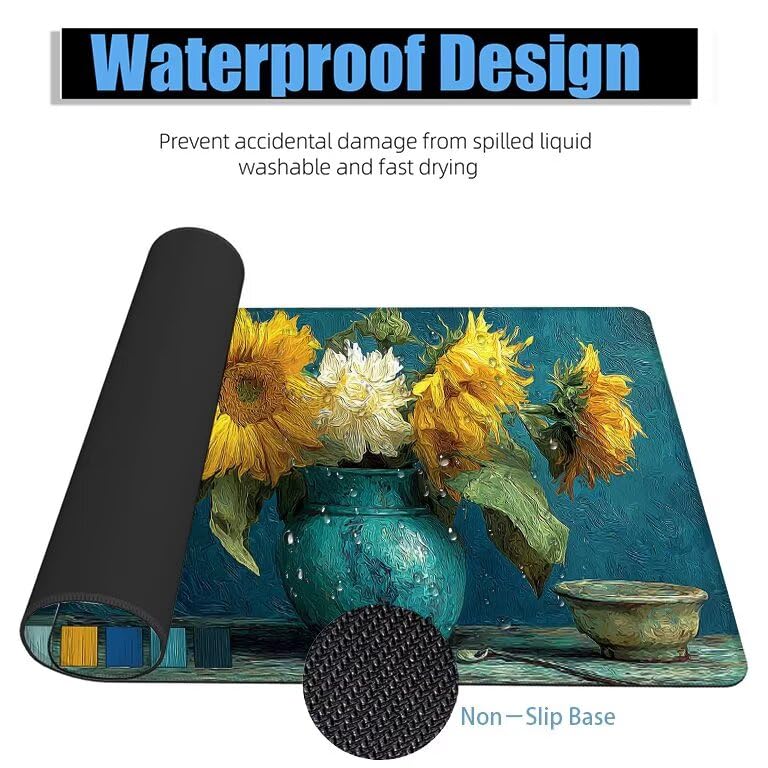 Schreibtischunterlage Sonnenblume Mauspad XXL 120x60cm Mousepad Modern Gaming Mauspad mit Nicht rutschender Unterlage, Vernähte Kanten WassXerdicht Anti-Rutsch Maus Pad für PC, MacBook, Laptop F0-1028 Bild 4