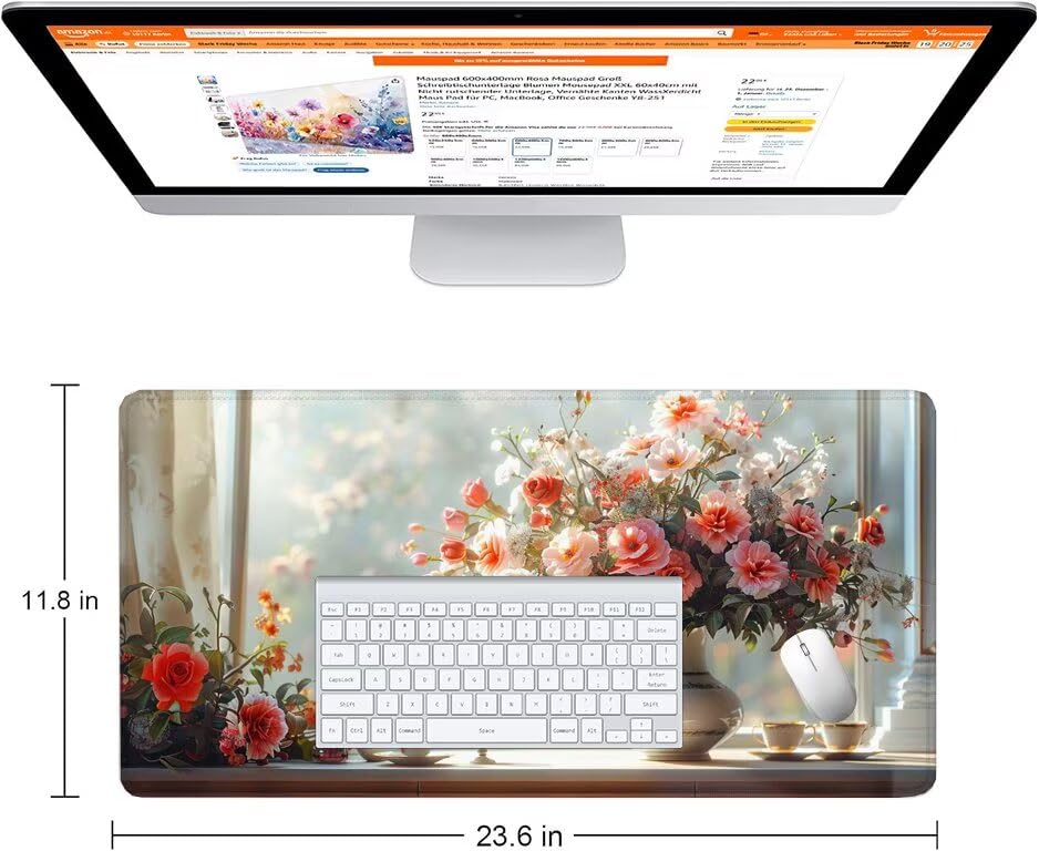 Schreibtischunterlage Weiß Mauspad XXL 100x50cm Mousepad Vase Gaming Mauspad mit Nicht rutschender Unterlage, Vernähte Kanten WassXerdicht Anti-Rutsch Maus Pad für Laptop, Office Geschenke F0-1034 Bild 2