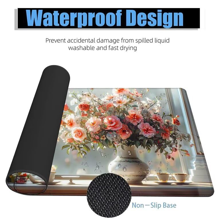 Schreibtischunterlage Weiß Mauspad XXL 100x50cm Mousepad Vase Gaming Mauspad mit Nicht rutschender Unterlage, Vernähte Kanten WassXerdicht Anti-Rutsch Maus Pad für Laptop, Office Geschenke F0-1034 Bild 4