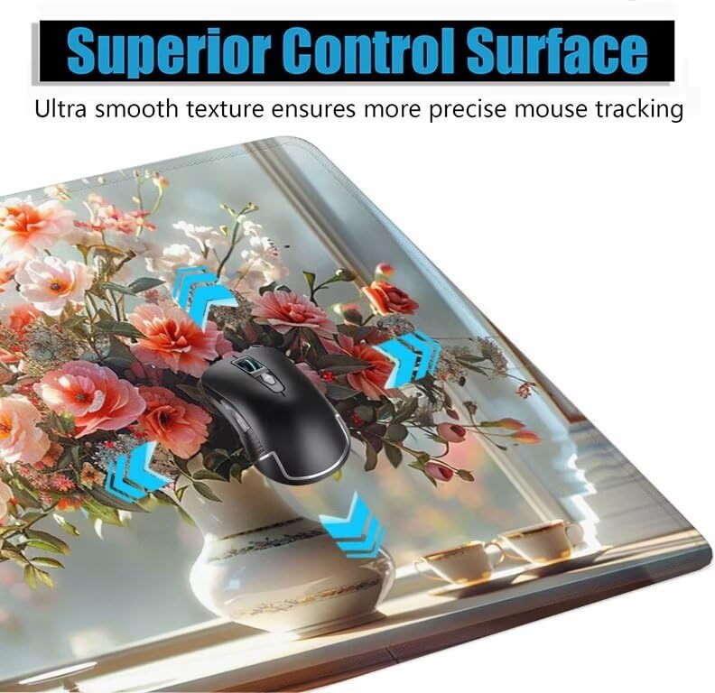 Schreibtischunterlage Weiß Mauspad XXL 100x50cm Mousepad Vase Gaming Mauspad mit Nicht rutschender Unterlage, Vernähte Kanten WassXerdicht Anti-Rutsch Maus Pad für Laptop, Office Geschenke F0-1034 Bild 5