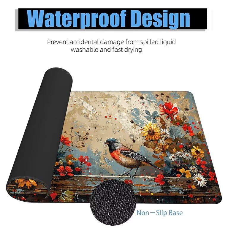 Schreibtischunterlage Rot Mauspad XXL 120x60cm Mousepad Vogel Gaming Mauspad mit Nicht rutschender Unterlage, Vernähte Kanten WassXerdicht Anti-Rutsch Maus Pad für Laptop, Office Geschenke F0-1052 Bild 4