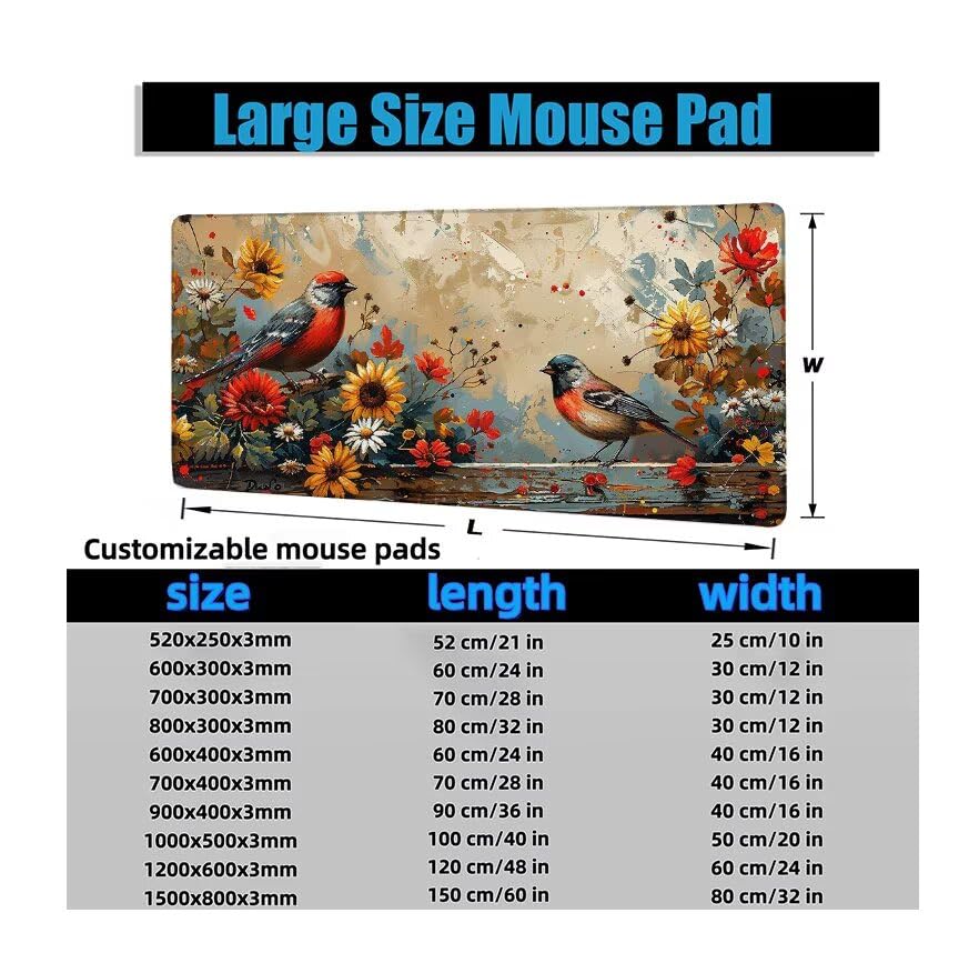 Schreibtischunterlage Rot Mauspad XXL 120x60cm Mousepad Vogel Gaming Mauspad mit Nicht rutschender Unterlage, Vernähte Kanten WassXerdicht Anti-Rutsch Maus Pad für Laptop, Office Geschenke F0-1052 Bild 6