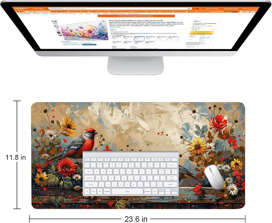 Schreibtischunterlage Rot Mauspad XXL 150x80cm Mousepad Vogel Gaming Mauspad mit Nicht rutschender Unterlage, Vernähte Kanten WassXerdicht Anti-Rutsch Maus Pad für Laptop, Office Geschenke F0-1052 Bild 2