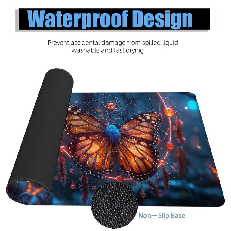 Schreibtischunterlage Schmetterling Mauspad XXL 150x80cm Mousepad Traumfänger Gaming Mauspad mit Nicht rutschender Unterlage, Vernähte Kanten WassXerdicht Anti-Rutsch Maus Pad für PC, Office F0-1031 Bild 4
