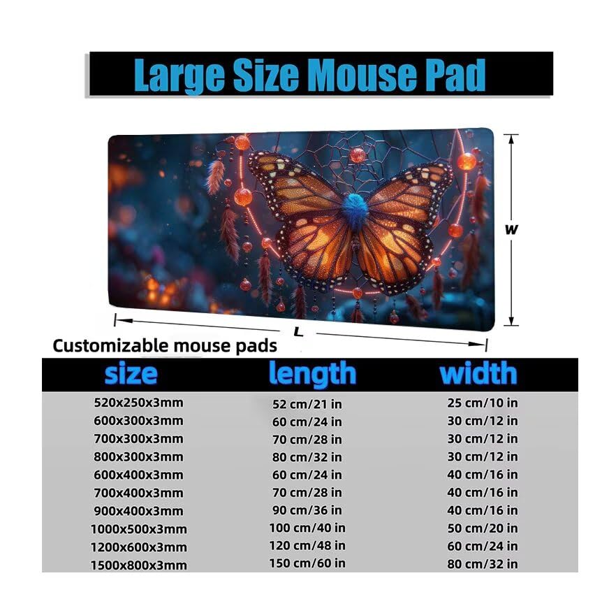 Schreibtischunterlage Schmetterling Mauspad XXL 150x80cm Mousepad Traumfänger Gaming Mauspad mit Nicht rutschender Unterlage, Vernähte Kanten WassXerdicht Anti-Rutsch Maus Pad für PC, Office F0-1031 Bild 6