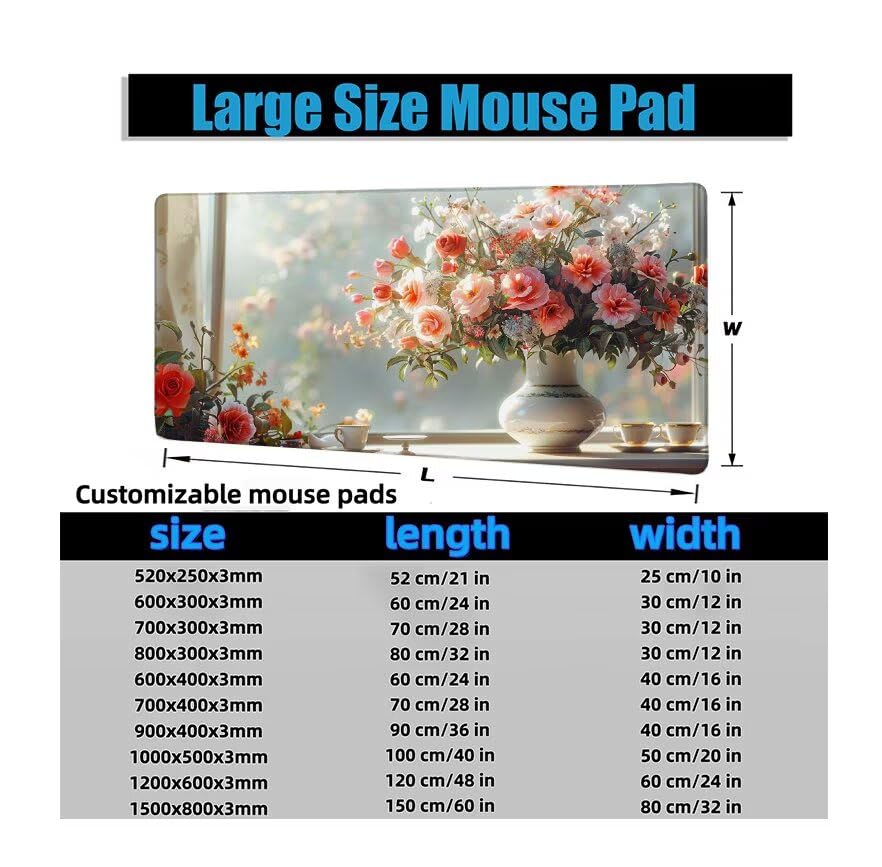 Schreibtischunterlage Weiß Mauspad XXL 120x60cm Mousepad Vase Gaming Mauspad mit Nicht rutschender Unterlage, Vernähte Kanten WassXerdicht Anti-Rutsch Maus Pad für Laptop, Office Geschenke F0-1034 Bild 6