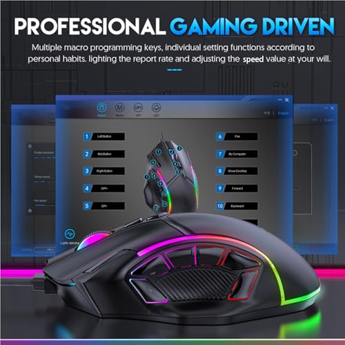 Jectse RGB-Gaming-Maus, Kabelgebunden, 12 Tasten, Programmierbar, Ergonomisches Design, 12800 DPI, 13 Lichteffekte mit 1,8 M Kabel für PC, Laptop, Computer Bild 2