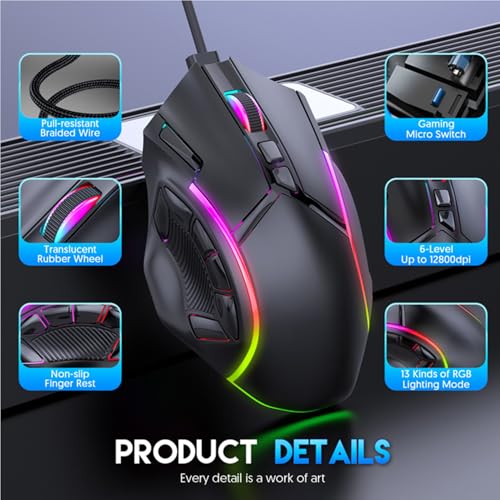 Jectse RGB-Gaming-Maus, Kabelgebunden, 12 Tasten, Programmierbar, Ergonomisches Design, 12800 DPI, 13 Lichteffekte mit 1,8 M Kabel für PC, Laptop, Computer Bild 6