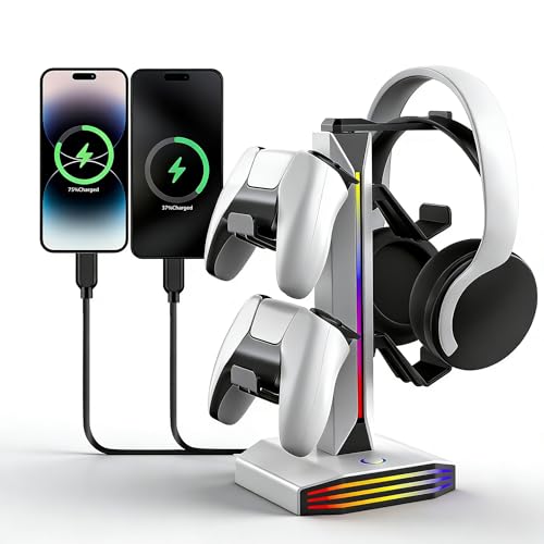 RGB-Headset-Ständer mit Ladestation, 9 Lichtmodi und Controller-Halterung – 2 USB- und 1 Typ-C-Anschluss; Gaming-Kopfhörerständer für den Schreibtisch, Zubehör für PC-Gamer Bild 1