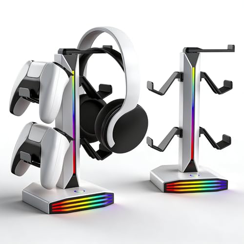 RGB-Headset-Ständer mit Ladestation, 9 Lichtmodi und Controller-Halterung – 2 USB- und 1 Typ-C-Anschluss; Gaming-Kopfhörerständer für den Schreibtisch, Zubehör für PC-Gamer Bild 2