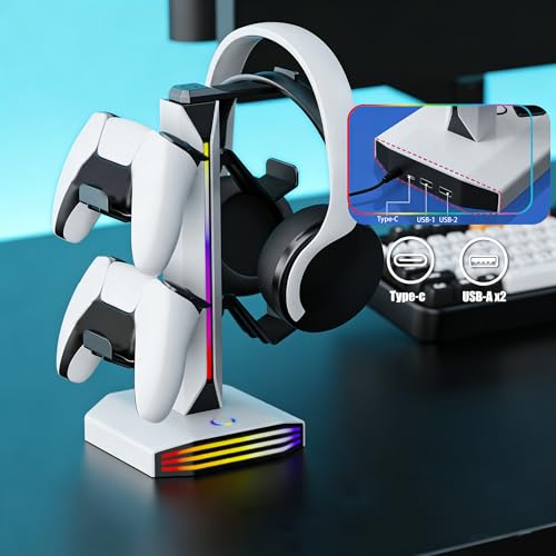 RGB-Headset-Ständer mit Ladestation, 9 Lichtmodi und Controller-Halterung – 2 USB- und 1 Typ-C-Anschluss; Gaming-Kopfhörerständer für den Schreibtisch, Zubehör für PC-Gamer Bild 7