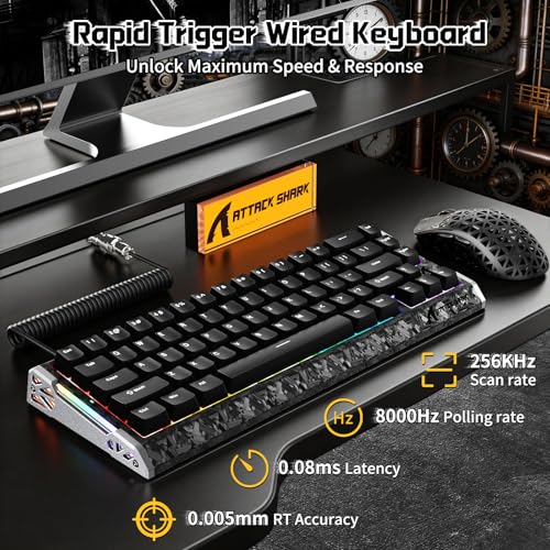 ATTACK SHARK R68 HE & R5 Ultra Carbon Tastatur und Maus Set,kabelgebundene 8000Hz-Tastatur mit Rapid Trigger und Spiralkabel, 0,005mm RT-Präzision, 39g leichte kabellose Maus, 42KDPI, Schwarz Bild 3