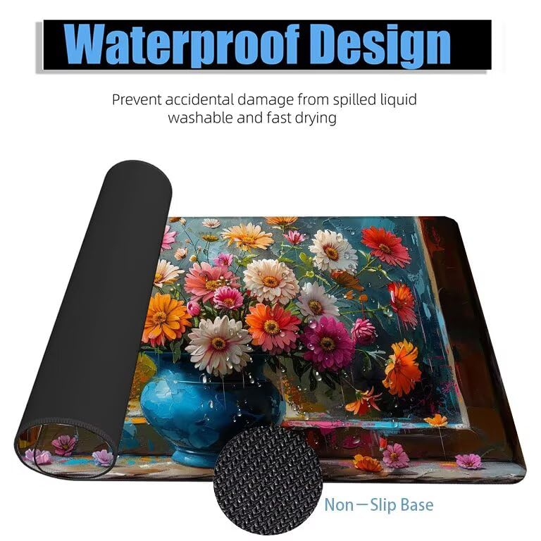 Schreibtischunterlage Farbe Mauspad XXL 100x50cm Mousepad Blume Gaming Mauspad mit Nicht rutschender Unterlage, Vernähte Kanten WassXerdicht Anti-Rutsch Maus Pad für Laptop, Office Geschenke F0-1079 Bild 4