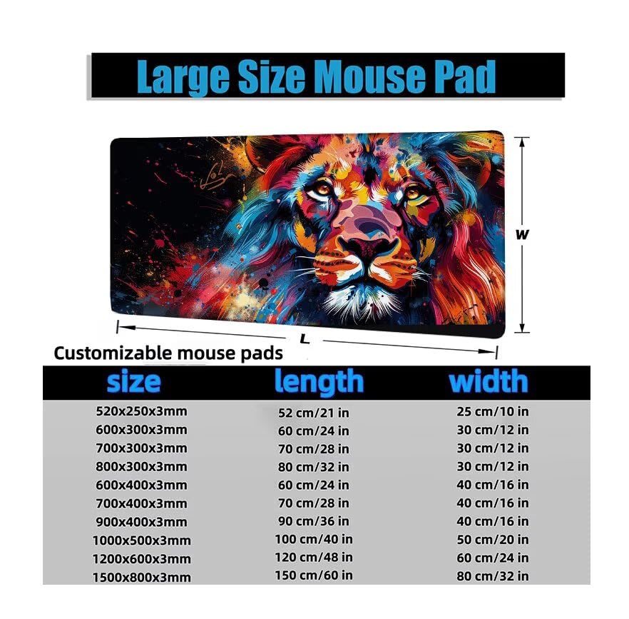 Schreibtischunterlage Bunt Mauspad XXL 120x60cm Mousepad Löwe Gaming Mauspad mit Nicht rutschender Unterlage, Vernähte Kanten WassXerdicht Anti-Rutsch Maus Pad für Laptop, Office Geschenke F0-1058 Bild 6