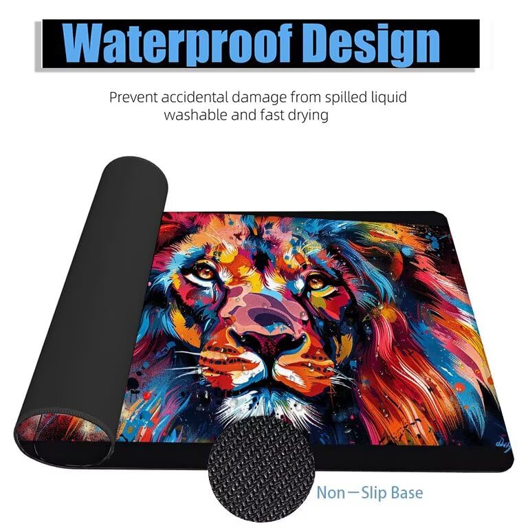 Schreibtischunterlage Bunt Mauspad XXL 150x80cm Mousepad Löwe Gaming Mauspad mit Nicht rutschender Unterlage, Vernähte Kanten WassXerdicht Anti-Rutsch Maus Pad für Laptop, Office Geschenke F0-1058 Bild 4