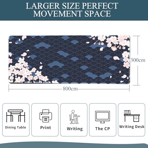 Gaming Mauspad XXL Großes Mousepad 800x300 mm Pflaumenblüten Maus Pad mit Rutschfestem Gummiboden Japan Sakura Maus Pad für PC, MacBook, Laptop (Grau) Bild 2