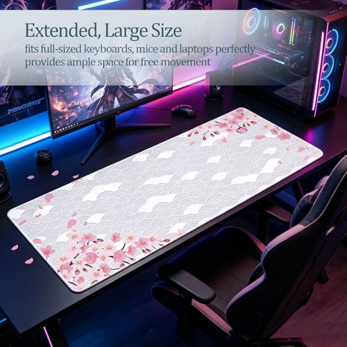 Gaming Mauspad XXL Großes Mousepad 800x300 mm Pflaumenblüten Maus Pad mit Rutschfestem Gummiboden Japan Sakura Maus Pad für PC, MacBook, Laptop (Grau) Bild 6