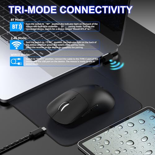 Jiawu Gaming-Maus, 2,4 G/BT5.4/kabelgebundene Konnektivität, Optisch, Ergonomische Maus mit 6 Tasten, 6400 DPI, Hohe Präzision für Laptop, Gaming, Komfortabler Griff (T30 Schwarz) Bild 6