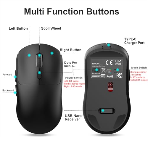 Jiawu Gaming-Maus, 2,4 G/BT5.4/kabelgebundene Konnektivität, Optisch, Ergonomische Maus mit 6 Tasten, 6400 DPI, Hohe Präzision für Laptop, Gaming, Komfortabler Griff (T30 Schwarz) Bild 7