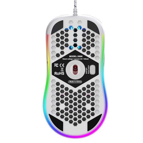 Jiawu Gaming-Maus, 8000 DPI RGB-Beleuchtungsmaus, Kabelgebundene Mäuse mit 6 Programmierbaren Tasten, Hohe Präzision, Hohlrahmen-Design für Laptop, Gaming, Bequemer Griff (White) Bild 3