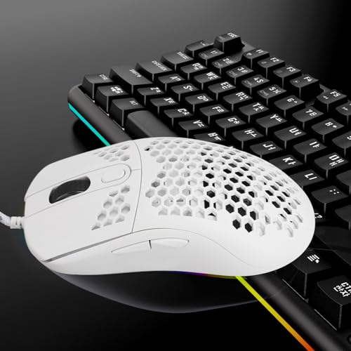 Jiawu Gaming-Maus, 8000 DPI RGB-Beleuchtungsmaus, Kabelgebundene Mäuse mit 6 Programmierbaren Tasten, Hohe Präzision, Hohlrahmen-Design für Laptop, Gaming, Bequemer Griff (White) Bild 4