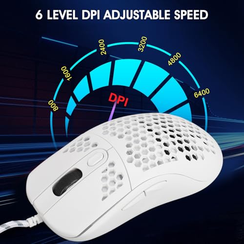 Jiawu Gaming-Maus, 8000 DPI RGB-Beleuchtungsmaus, Kabelgebundene Mäuse mit 6 Programmierbaren Tasten, Hohe Präzision, Hohlrahmen-Design für Laptop, Gaming, Bequemer Griff (White) Bild 6