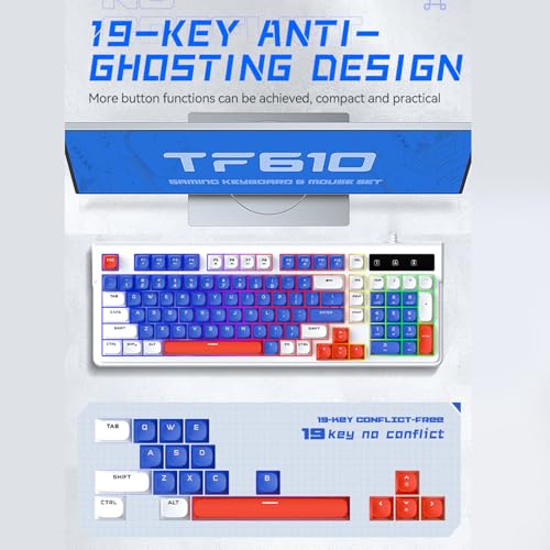 Jectse RGB-beleuchtete Gaming-Tastatur und -Maus-Kombination, Kompakte 98-Tasten-Tastatur mit Multimedia-Schnelltasten und 7 Lichteffekten, Kabelgebundene USB- für Laptop/PC (Weiß Blau) Bild 4