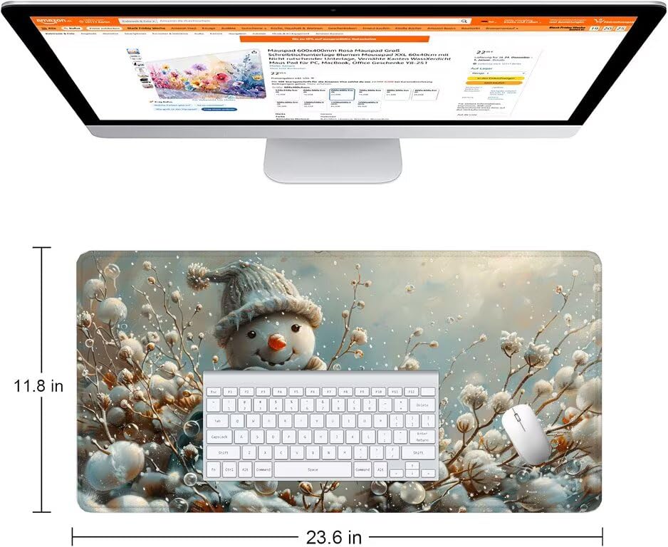 Schreibtischunterlage Weiß Mauspad XXL 120x60cm Mousepad Schneemann Gaming Mauspad mit Nicht rutschender Unterlage, Vernähte Kanten WassXerdicht Anti-Rutsch Maus Pad für PC, MacBook, Laptop F0-1106 Bild 2