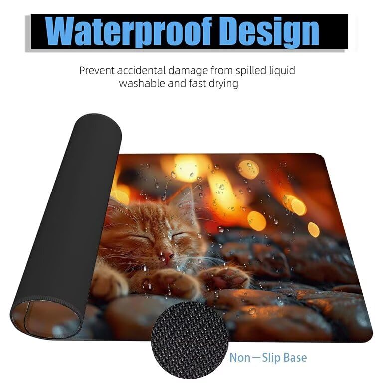 Schreibtischunterlage Feuer Mauspad XXL 100x50cm Mousepad Katze Gaming Mauspad mit Nicht rutschender Unterlage, Vernähte Kanten WassXerdicht Anti-Rutsch Maus Pad für Laptop, Office Geschenke F0-1100 Bild 4