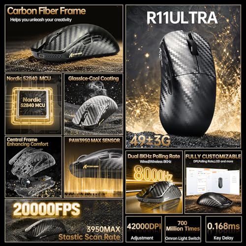 ATTACK SHARK R68 HE Kabel Magnetische Tastatur, Kabellosen R11 ULTRA Gaming-Maus aus Carbonfaser, 8000 Hz Rapid Trigger, 0,005mm RT Accuracy, 49g SUPERLIGHT-Maus, PAW3950MAX, 42000 DPI, Schwarz A Bild 3