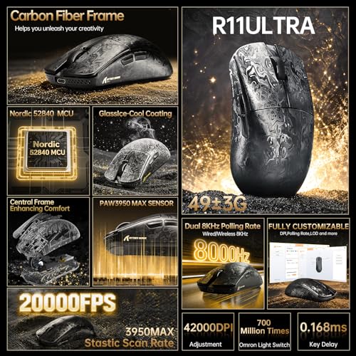 ATTACK SHARK R68 HE Kabellose Magnetische Tastatur, Kabellosen R11 ULTRA Gaming-Maus aus Carbonfaser, 8000 Hz Rapid Trigger, 0,005mm RT Accuracy, 49g SUPERLIGHT-Maus, PAW3950MAX, 42000 DPI, Schwarz B Bild 3