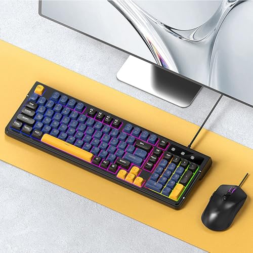 Denash Gaming-Tastatur- und Maus-Kombination, Ergonomisches Design mit RGB-Hintergrundbeleuchtung, Kompaktem 98-Tasten-Layout und 6-Tasten-Maus, mit Einstellbarer DPI Bis zu 7200, (Blaues schwarzes Bild 2