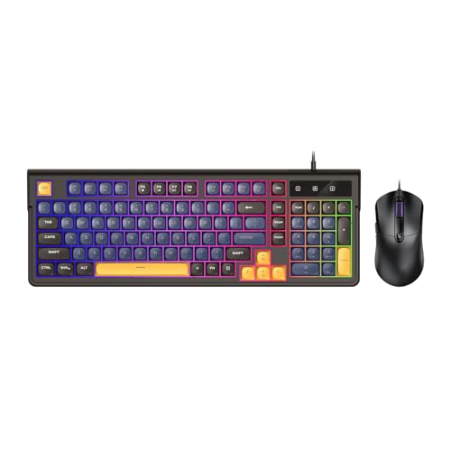 Denash Gaming-Tastatur- und Maus-Kombination, Ergonomisches Design mit RGB-Hintergrundbeleuchtung, Kompaktem 98-Tasten-Layout und 6-Tasten-Maus, mit Einstellbarer DPI Bis zu 7200, (Blaues schwarzes Bild 5