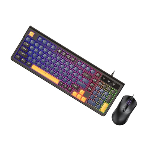 Denash Gaming-Tastatur- und Maus-Kombination, Ergonomisches Design mit RGB-Hintergrundbeleuchtung, Kompaktem 98-Tasten-Layout und 6-Tasten-Maus, mit Einstellbarer DPI Bis zu 7200, (Blaues schwarzes Bild 6