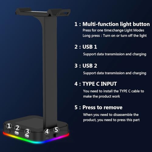 Cabilock Kopfhörerhalterung mit RGB Beleuchtung und Zwei USB Anschlüssen Verstellbarer und Stabiler Desktop Headset Ständer aus Robustem Abs Material für Gaming Headsets Bild 5
