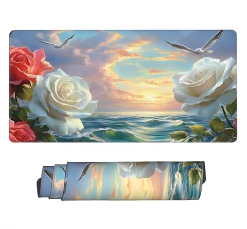 Mauspad XXL 1200x600mm, Weiße Rose Mousepad XXL Mauspad Gaming Meer Mouse Pad mit Genähten Kanten, Rutschfest und Wasserabweisend Schreibtisch Unterlage Groß Desk Mat für Tastatur und Maus -MP1106 Bild 1